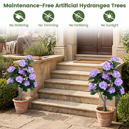 Dreamade 2 Pack Artificial Hydrangea Tree w/11 Flowers & Realistic Trunk in Plastic Nursery Pot