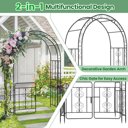 Dreamade Garden Arbor with Gate, 84" H x 54" W Metal Arch Trellis for Climbing Plants Rose Vines