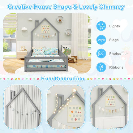 Dreamade Twin Floor Bed, House-Shaped Montessori Bed Frame with Headboard, Full-Length Guardrail