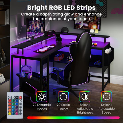 Dreamade L Shaped Desk with LED Light & Power Outlets Ergonomic Home Office Desk