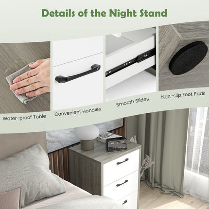 Dreamade Storage Drawer Dresser - Wood End Table, Night Stand with 3 Drawers (1, White & Gray)