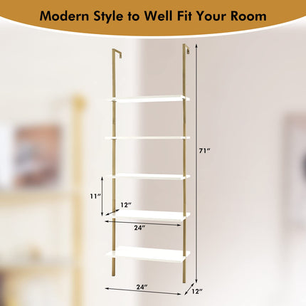 Dreamade 5 Tier Modern Wall Mounted Bookshelf, 71'' White and Gold Wood Bookcase with Steel Frame