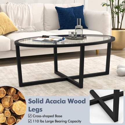Dreamade Glass Coffee Table, 46.5" Oval Accent Sofa Tea Table with Tempered Glass Top, Cross Base & Acacia Wood Legs