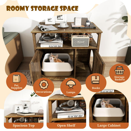 Dreamade Cat Litter Box Enclosure - Litter Box Hidden Furniture with Barn Door, Inner Divider, Side Entry, Storage Shelf