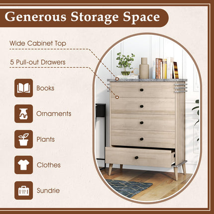 Dreamade 5-Drawer Storage Cabinet with Rubber Wood Legs