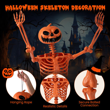 Dreamade 5.2 Ft Life-Size Posable Skeleton with Pumpkin Head Halloween Orange Skeleton Decoration