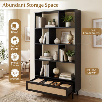 Dreamade 64" Tall 6-Tier Wood Bookshelf with Rattan Drawer