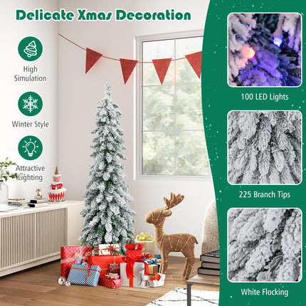 Dreamade Pre-Lit Flocked Pencil Christmas Tree Artificial Slim Xmas Tree