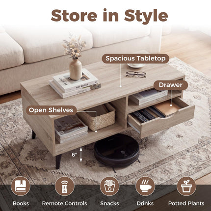 Dreamade Wood Coffee Table with Storage Drawer 36.5 Inch Rustic Center Table
