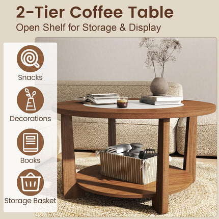 Dreamade 2-Tier Round Farmhouse Living Room Coffee Table with 2-Tone Tabletop