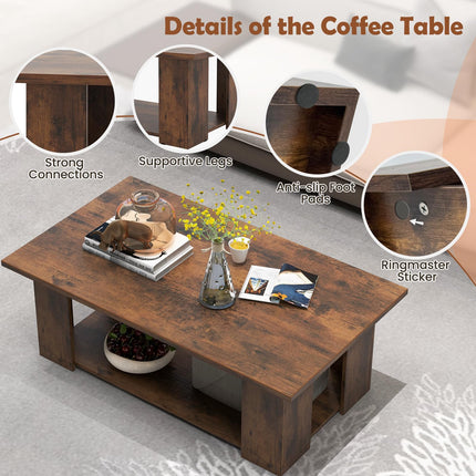 Dreamade Rectangle Wood Center Table, 41" L 2-Tier Large Modern Tea Table w/Open Compartment