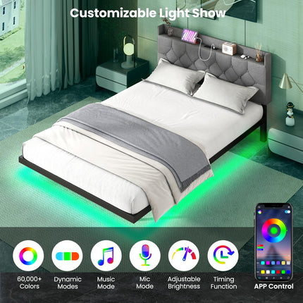 Dreamade Queen/Full Size Floating Bed Frame with LED Lights, Modern Platform Bed with Adjustable Upholstered Headboard & Charging Station