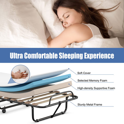 Dreamade Folding Bed with Mattress for Adults, 75" x 32" Rollaway Guest Beds w/ 3 Inch Foam Mattress & Sturdy Metal Frame