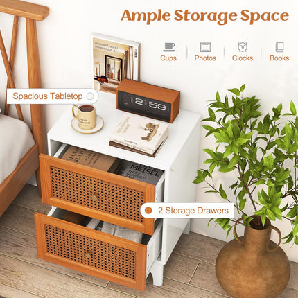 Dreamade Rattan Nightstand with Drawers, Natural Rattan End Table, Cane Accent Bedside Table with Solid Wood Legs for Bedroom