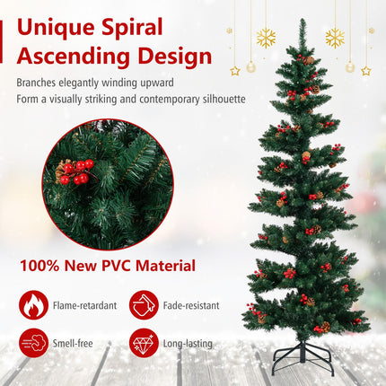 Dreamade 6FT / 7FT Pre-Lit Spiral Christmas Tree with Branch Tips Pine Cones Red Berries