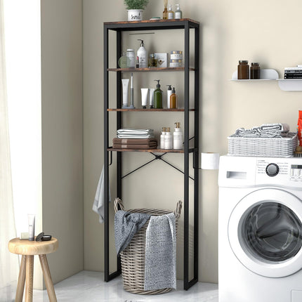 Dreamade Over The Toilet Storage Rack, 4-Tier Wooden Bathroom Space Saver w/Metal Frame & 2 Hooks