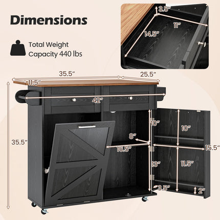 Dreamade Kitchen Island Cart with Hidden Tilt Out Trash Can Cabinet, Drop Leaf, 2 Drawers, Towel Rack