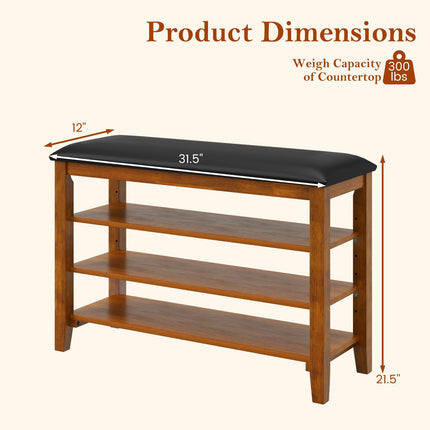 Dreamade 4-Tier Shoe Rack Bench | Rubber Wood Entryway Bench with Adjustable Shelves