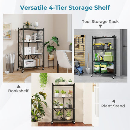 Dreamade 4-Tier Foldable Storage Shelf, Collapsible Shelving Unit Display with Lockable Wheels