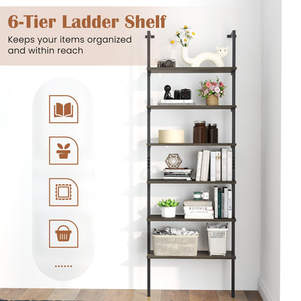 Dreamade 6-Tier Ladder Shelf, 72" Wall Mounted Bookshelf with Metal Frame, Industrial Open Storage Shelves