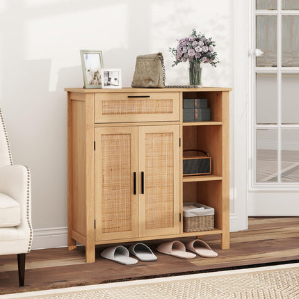 Dreamade Buffet Cabinet with 2 Doors, Drawer 3 Open Cubbies Adjustable Shelf (Natural)