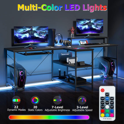Dreamade 94.5” 2 Person Desk with LED Lights, Long PC Study Desk with Storage Shelves, Power Outlets