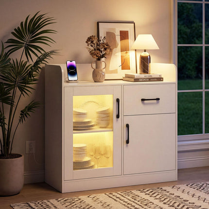 Dreamade RGB LED Buffet Sideboard | White Kitchen Storage Cabinet with Charging Station
