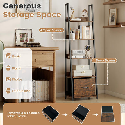 Dreamade 5-Tier Industrial Ladder Bookshelf with Removable Fabric Drawer (1/2)
