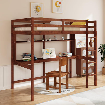 Dreamade Twin Loft Bed with Desk and Bookshelf, Wooden Bed Frame with Safety Guardrail & Ladder
