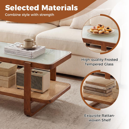 Dreamade Rattan Coffee Table | 41.5" Farmhouse Center Table with Storage & Frosted Tempered Glass