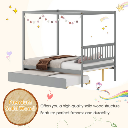 Dreamade Canopy Bed w/ Trundle, Full Size Kids Solid Wood Platform Bed Frame