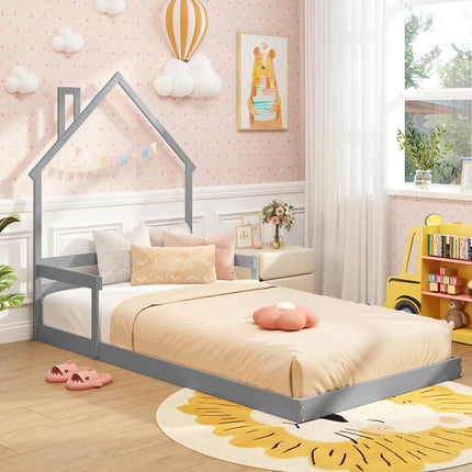 Dreamade Twin Floor Bed for Kids, Wood Montessori Floor Bed with Chimney Headboard & Handrail
