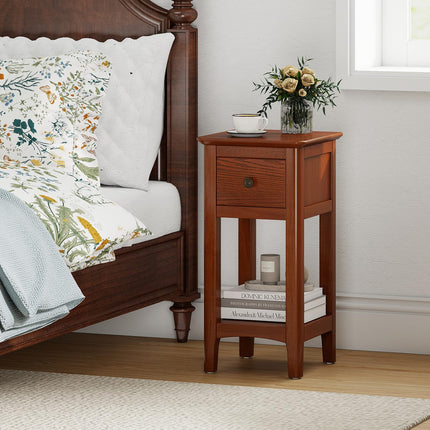 Dreamade Narrow End Table with Drawer 23.5" H Side Table w/Open Storage Shelf & Solid Wood Frame