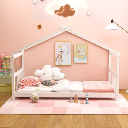 Dreamade House Bed Twin, Solid Wood Kids House Bed with Roof