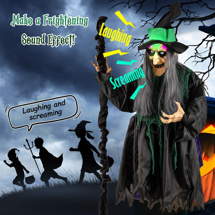 Dreamade Witch with Broomstick Halloween Animatronic, Life Size Animated Halloween Prop with Laughing and Screaming Sound