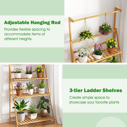 Dreamade Plant Stand Indoor Outdoor - Bamboo 3-Tier Hanging Tall Ladder Flower Pot Display Organizer Rack