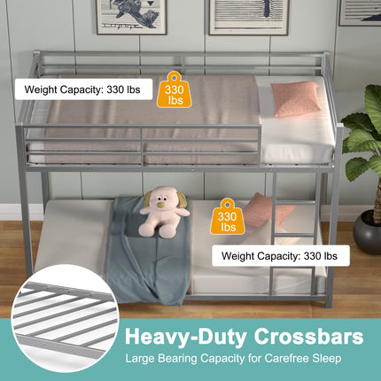 Dreamade Metal Bunk Bed Twin Over Twin, Low Profile Bunk Bed Frame with Ladder & Full Length Guardrail