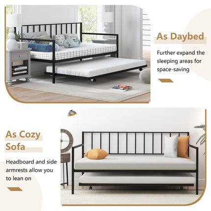 Dreamade Metal Daybed with Trundle, Twin Size Daybed with Pullout Trundle & Steel Slat Support, Black