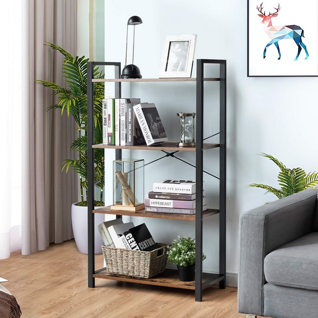 Dreamade 4-Tier Industrial Bookshelf, Vintage Bookcase with Metal Frame, Standing Shelf Unit
