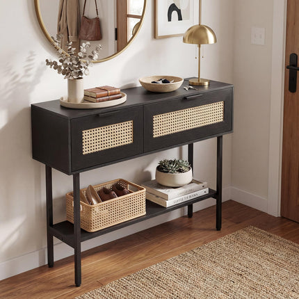 Dreamade Rattan Console Table Boho Entryway Table with 2 Storage Cabinets