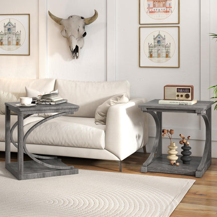 Dreamade C-Shaped End Table, 24" Square Couch Table with Bottom Storage Shelf & Solid Rubber Wood Frame