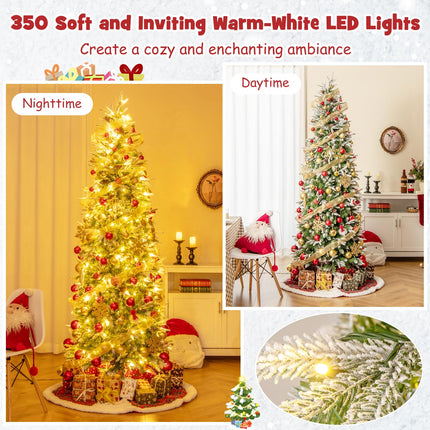 Dreamade 7.5 FT Pre-Lit Pencil Christmas Tree, Artificial Snow Flocked Hinged Fake Slim Xmas Tree with 350 Warm-White LED Lights