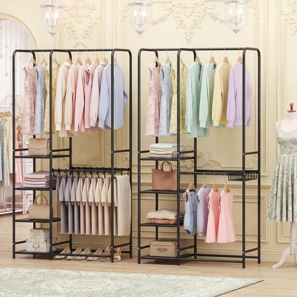 Dreamade Heavy-Duty Metal Clothing Rack with 2 Hanging Rods & 4 Storage Shelves
