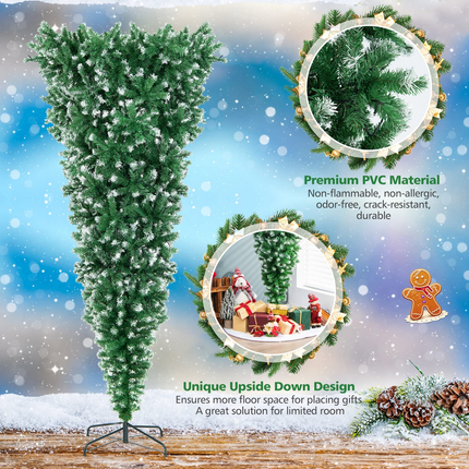 Dreamade 7.5ft Pre-lit Upside Down Christmas Tree, Hinged Inverted Artificial Xmas Tree W/ 1100 Snowy Branch Tips - DreamadeUS