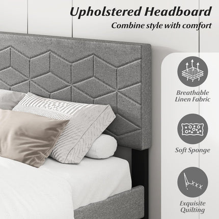 Dreamade Queen/Full/Twin Size Upholstered Bed Frame Modern Platform Bed with Linen Fabric Geometric Headboard