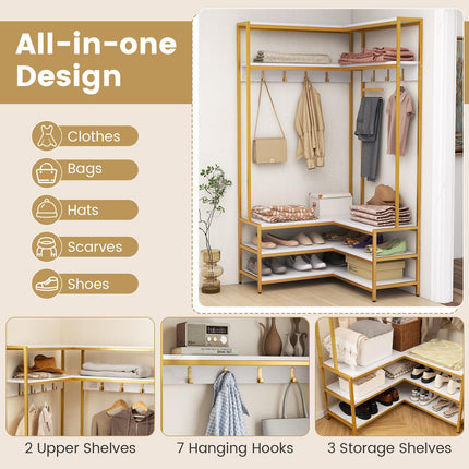 Dreamade Corner Coat Rack with Shoe Bench, L-shaped Garment Rack with 5 Shelves & 7 Hooks
