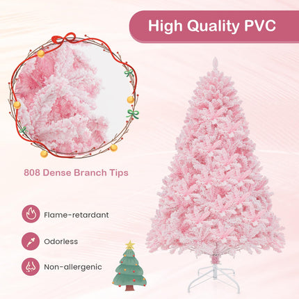 Dreamade 6FT Pink Pre-lit Christmas Tree, Hinged Snow Flocked Artificial Xmas Tree, Seasonal Holiday Decoration for Office Home