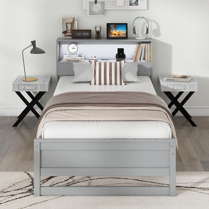 Dreamade Twin Bed Frames with Storage Headboard, Wood Platform Bed with Charging Station & LED Light