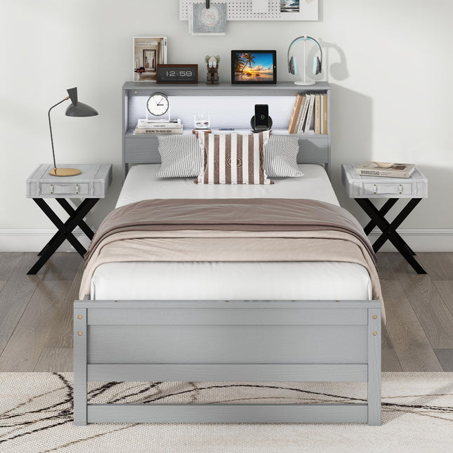Dreamade Twin Bed Frames with Storage Headboard, Wood Platform Bed with Charging Station & LED Light