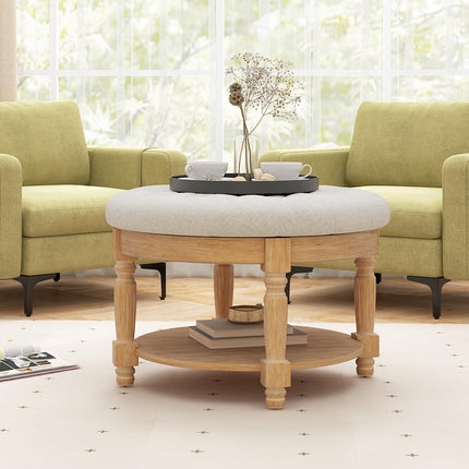 Dreamade Large Ottoman Coffee Table - 29 inch Oversized Round Ottoman with Storage Shelf, Flip up Top, Wood Legs